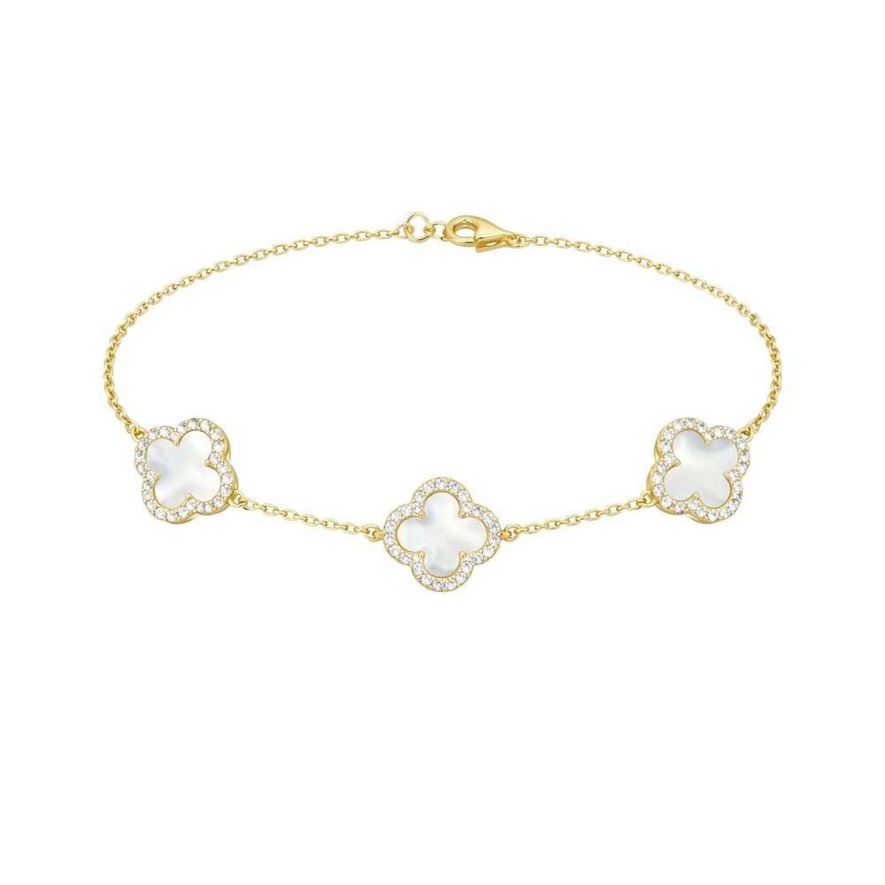 18K Gold Mother of Pearl Clover Bracelet with Moissanite Halo Adjustable Luxury